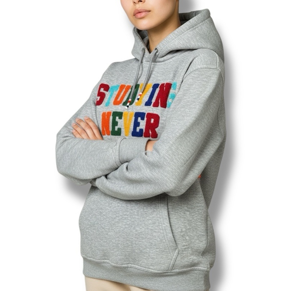 STUDYING NEVER STOPS Philly Streetwear Colorful Varsity Letter HOODIE sz L